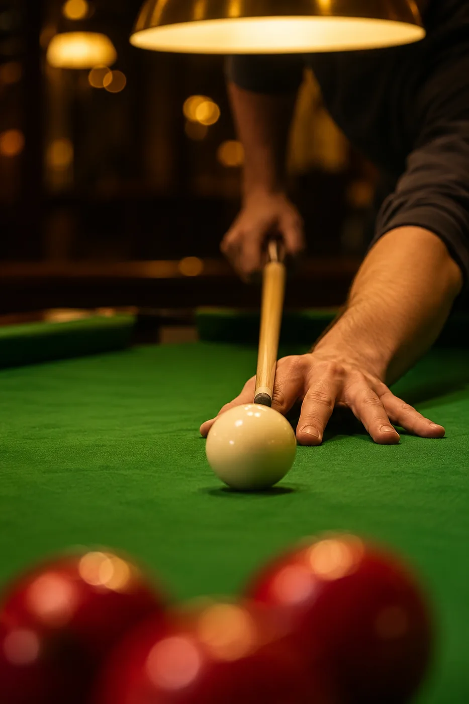 A beginner learning snooker and lining up a cue at The Nine
